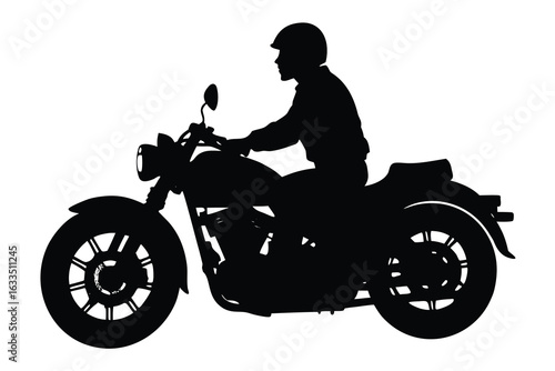 Black Silhouette Motorcyclist with Helmet on Vintage Cruiser Motorcycle, Classic Bike Ride