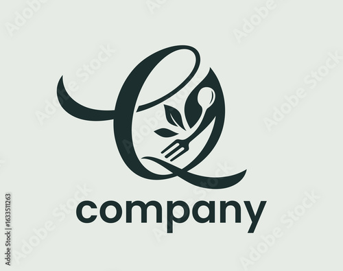 Letter Q Food Nature Leaf, Culinary Spoon Fork Logo Design