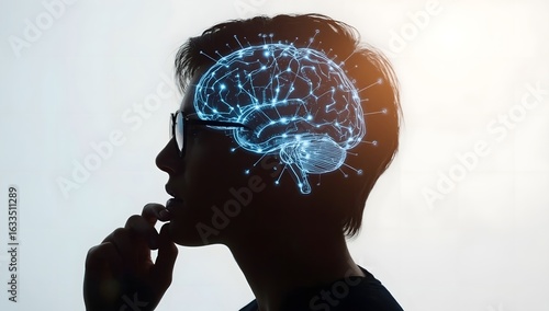 Silhouette of a person with a glowing digital brain overlay