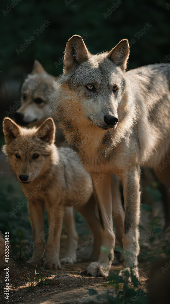 Fototapeta premium Wolf Family in Natural Light Depth of Field