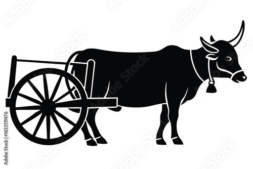 Black Silhouette of a Cow with Cart Traditional Farming Equipment Illustration