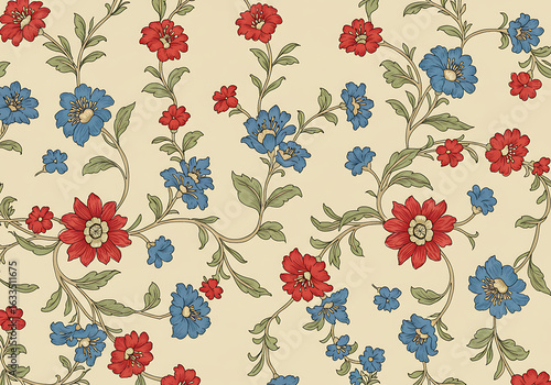 A traditional floral textile pattern with a seamless repeating design of bold red and blue blooms.

