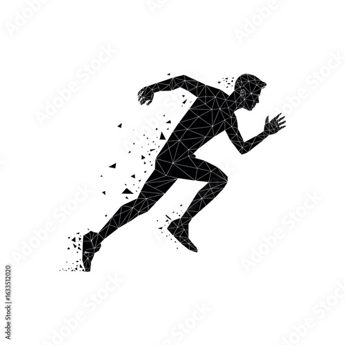 Black polygonal silhouette of a runner breaking apart into triangles running white