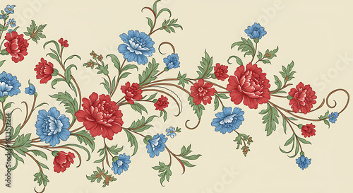 Vintage floral wallpaper with red and blue flowers on a light beige background.

