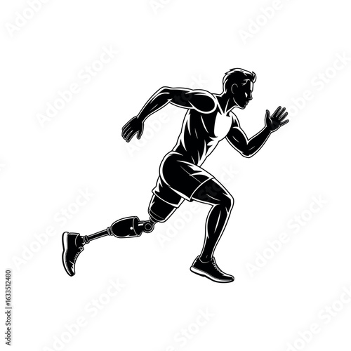 Black silhouette of a man with a prosthetic leg running athlete