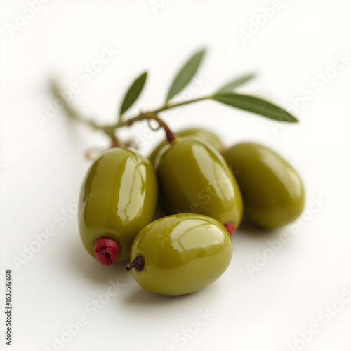Green olives in stick on white background