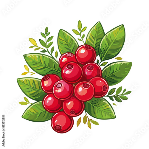 Cranberry with leaves vector color illustration. Red berry arrangement on isolated background for packaging and design.	
