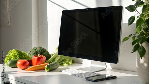  A sleek computer monitor placed on a white desk beside various fresh vegetables.