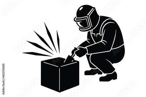 Black Silhouette of Welder Squatting and Welding a Cube with Sparks Flying on White Background