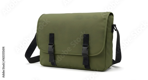 Olive Green Messenger Bag with Black Straps Isolated on White