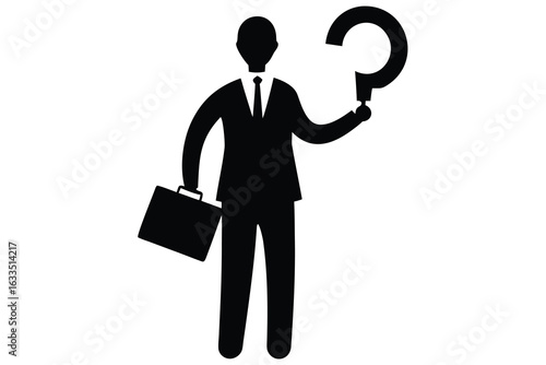 Businessman Silhouette Holding Question Mark and Briefcase Black and White Illustration Design