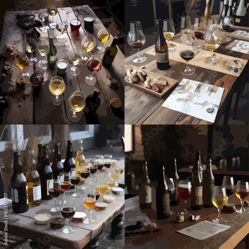 Four panels of a rustic gathering, featuring various alcoholic and non-alcoholic beverages, snacks, and glassware.