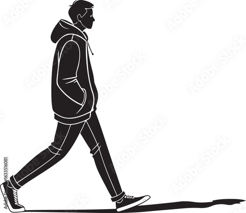 Man in hoodie walking casting a shadow person movement