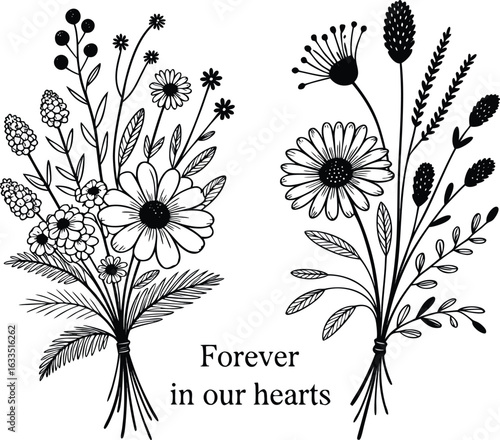 Elegant Black and White Floral Bouquets with Forever in our Hearts Text Overlayed