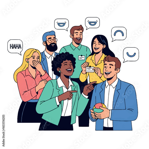 Diverse group of colleagues laughing together at work.