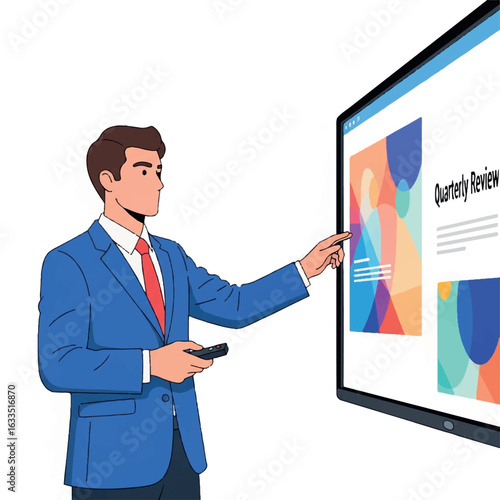 Businessman presenting a quarterly review on a large digital screen.