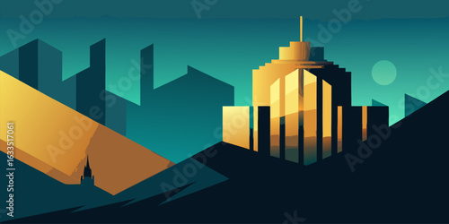 Abstract geometric background design featuring a sophisticated blend of teal and shimmering gold accents ideal for financial or business presentations and digital media