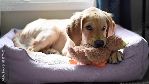 Playful puppy relaxing in cozy bed with a stuffed toy, sunlight streaming through window