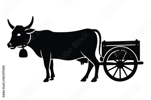 Silhouette Illustration of a Black Ox Pulling a Cart with Spoked Wheels on White