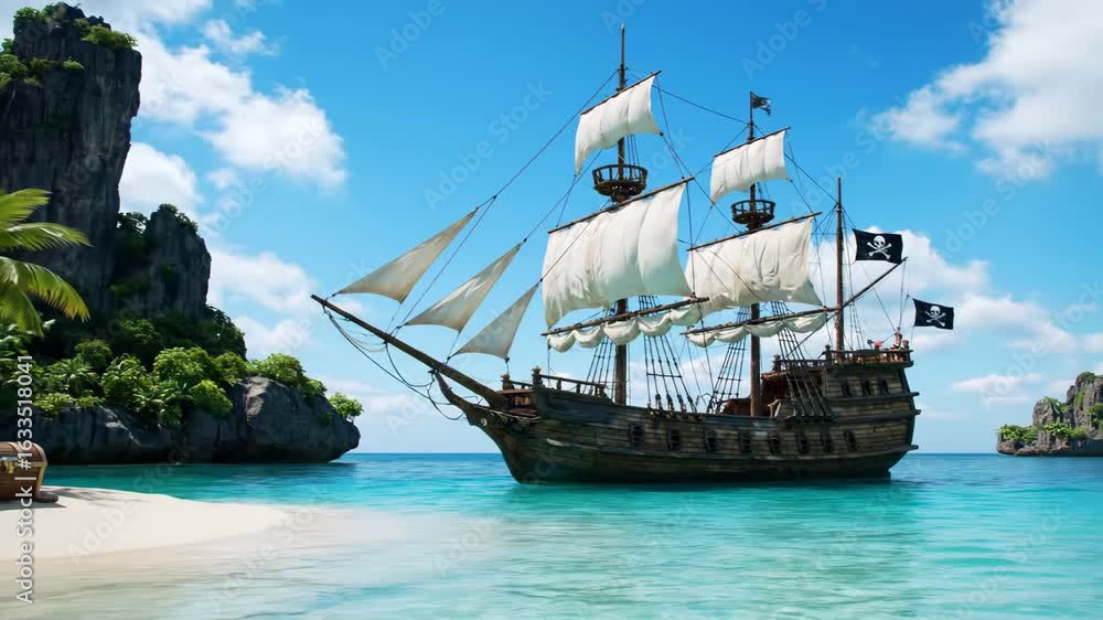 A pirate ship anchored near a tropical island with a treasure chest on the beach.  A Pirate Galleon's Arrival at Treasure Island.
