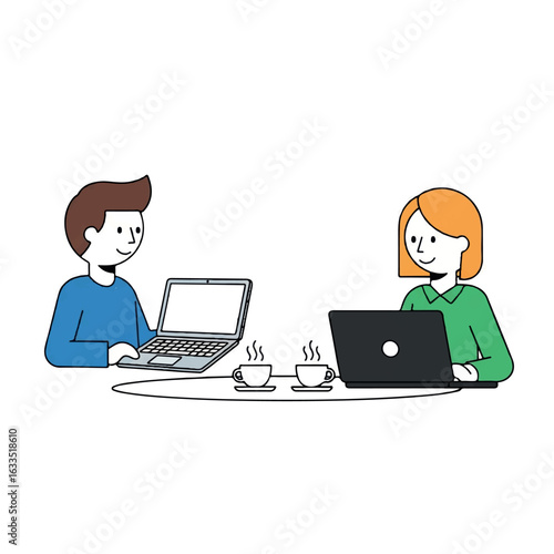 People Working on Laptops with Coffee Illustration.