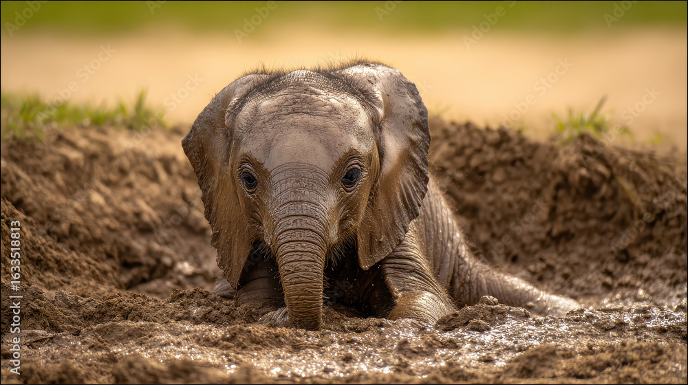Fototapeta premium Young Elephant Playing in Mud