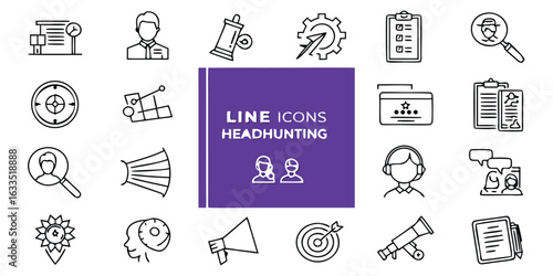Vector art of headhunting line icons featuring recruitment, job search, and human resources isolated on white background