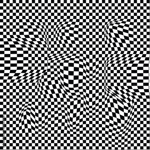 Pattern abstract wave checkerboard background. Abstract wave pattern chessboard background. Checkered Pattern Black And White Abstract Motion Seamless Background.
