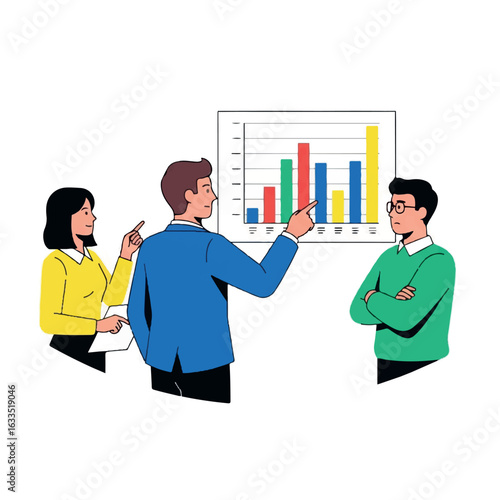 Business team discussing a financial report chart.