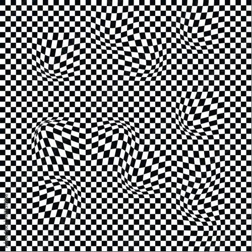 Checkerboard Distorted Patterns. Black and White Square Tiled Grid. Distorted Chessboard Texture. Checkered Racing Flag Fabric Print. Geometric Vector Background with Distortion Effect.

