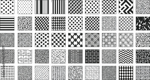Create a kinds of deferent collection of 45 basic black patterns vector art with white background.