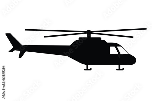 Silhouette of a Helicopter with Rotor Blades and Landing Gear Isolated on White