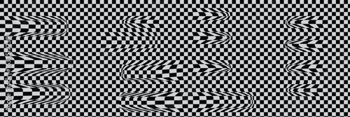 Trippy Distorted Checkerboard Background | Psychedelic Black and White Wavy Grid Pattern for Retro Art, Optical Illusion and Race Flag Design.