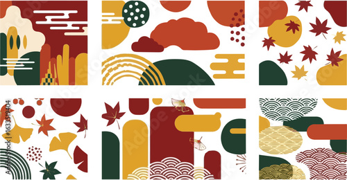 Create a kinds of deferent Autumn color Japanese modern pattern set vector art with white background.