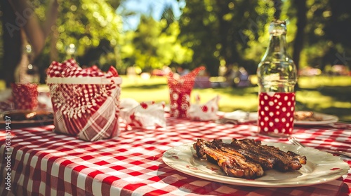 Picnic table with red checkered tablecloth food and drinks outdoors in summer.