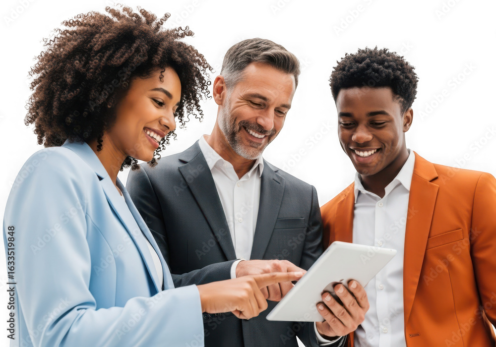 Diverse business team collaborating over a tablet, smiling isolated on transparent background