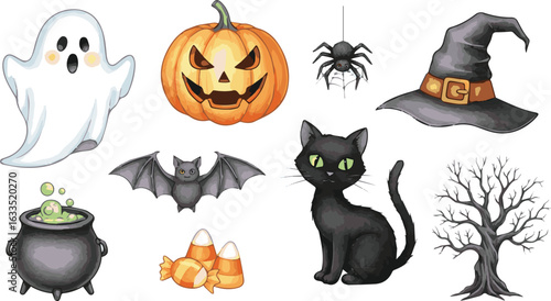 Create a kinds of deferent Halloween watercolor vector art with white background.