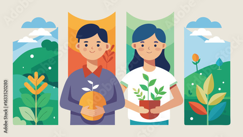 Banners displaying messages about environmental conservation and saving the Earth, set against a natural backdrop..eps