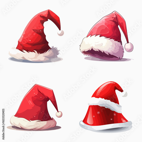 Four cartoon-style Christmas hats in various positions, each featuring a red body and white fur trim.