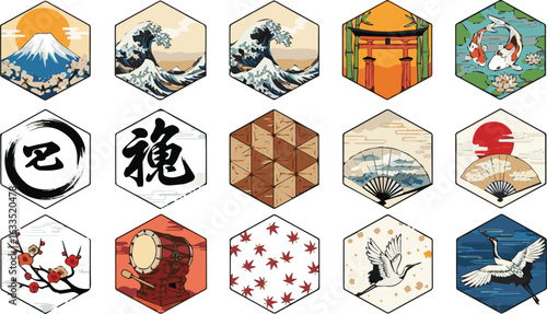 Create a kinds of deferent Hexagonal Japanese style banner collection Vector art with white background.