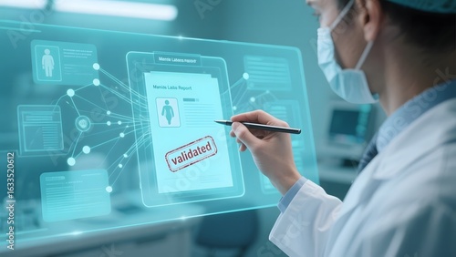 Scientist validating data on a digital interface in a laboratory setting