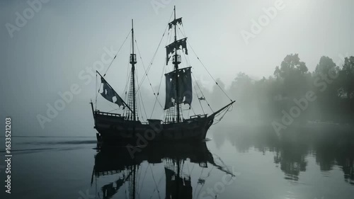 Wallpaper Mural A weathered sailing ship, shrouded in mist, rests on calm water near a foggy shoreline. Ship moving through thick fog.
 Torontodigital.ca