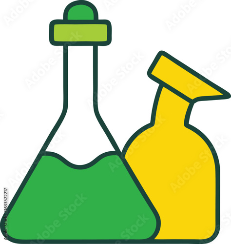 Two chemical bottles with green liquid and yellow spray bottle isolated on transparent background