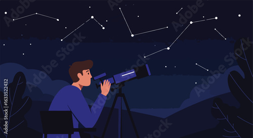 Man stargazing through a telescope, under night sky constellations