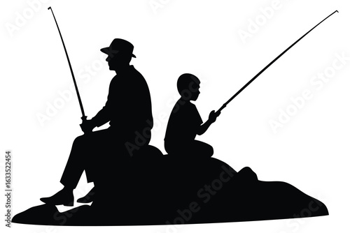 Silhouette of Father and Son Fishing Together, Sitting SidebySide on a Rock