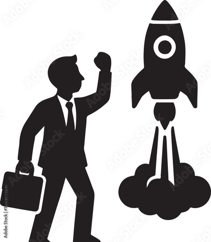 Silhouette of rocket launching symbolizing startup growth, innovation, success, and rapid business development.