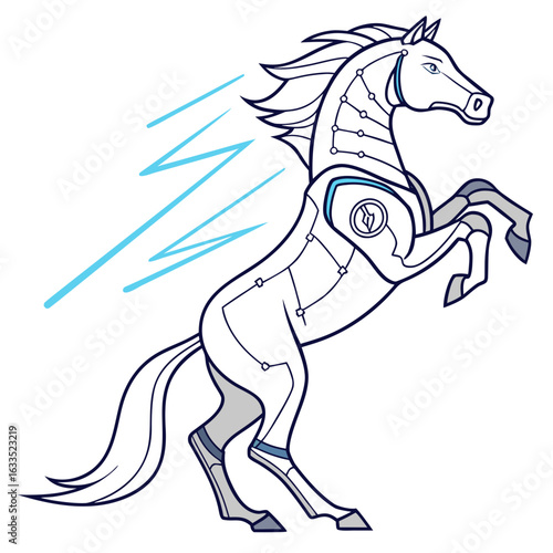 Rearing white horse on gray.







