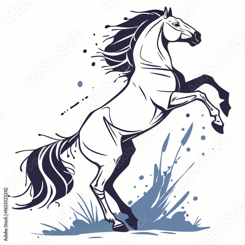 Rearing white horse on gray.







