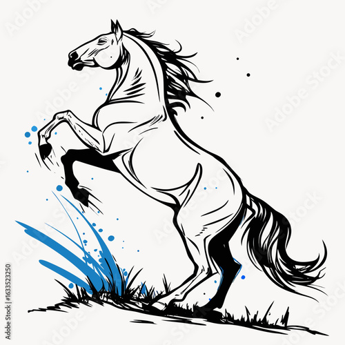 Rearing white horse on gray.







