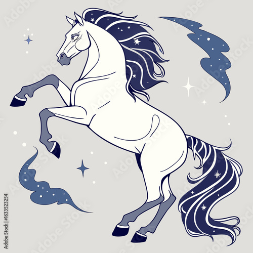 Rearing white horse on gray.







